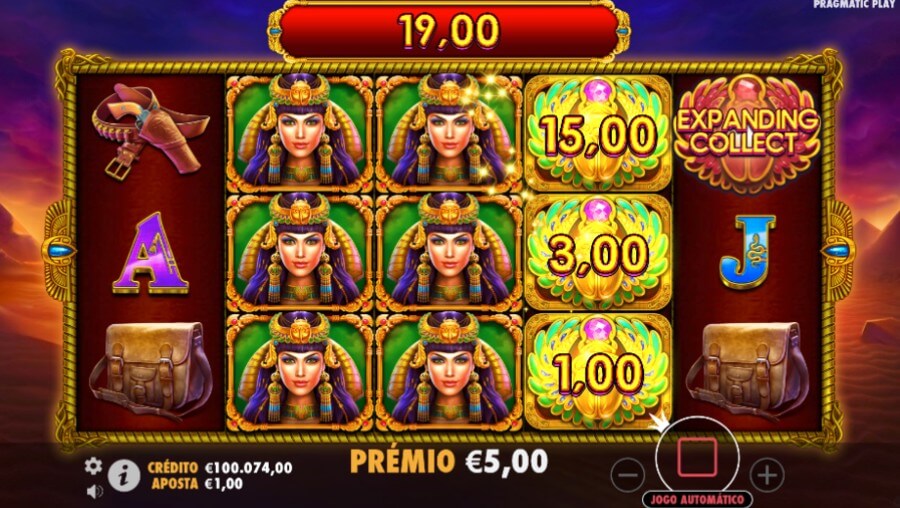 Funcionalidade Money Collect de John Hunter and the Tomb of the Scarab Queen slot.