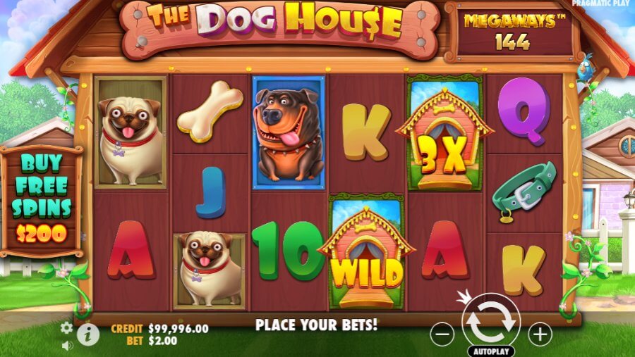 Gráficos e som The Dog House Megaways slot.