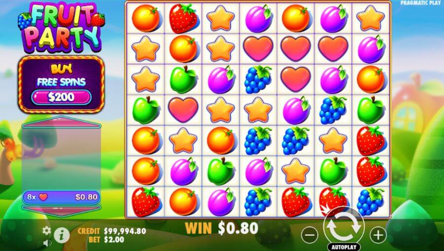 Gráficos e som da Fruit Party slot.