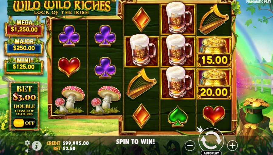 Gráficos e som da Wild Wild Riches slot.