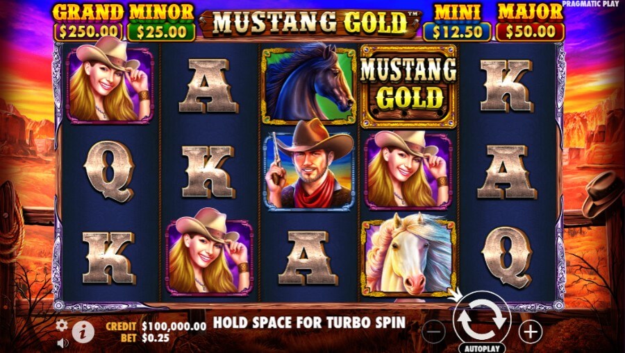 Gráficos e som do Mustang Gold Megaways slot.