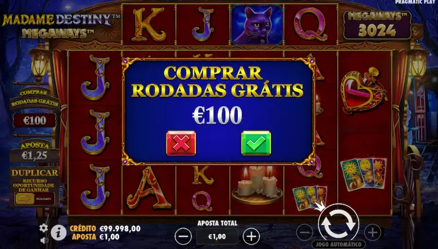 Compra de bónus e aposta ante da Madame Destiny Megaways slot.